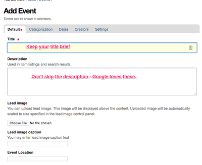 screenshot of event form