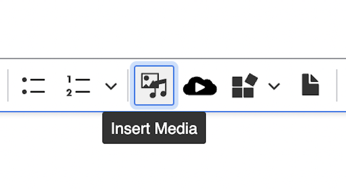 Toolbar icon to insert media, featuring a musical note and various graphic symbols.