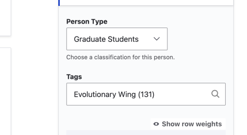 Screenshot of form showing Person Type: Graduate Students and Tag: Evolutionary Wing (131)