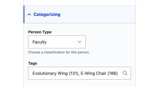 Categorizing panel: Person Type Faculty; Job Title shows Evolutionary Wing, E-Wing Chair